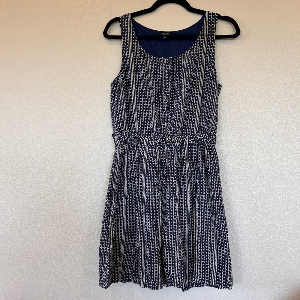 Madewell Silk Navy Blue White Dot Stripe Sleeveless Mini Dress C0618 Size 2